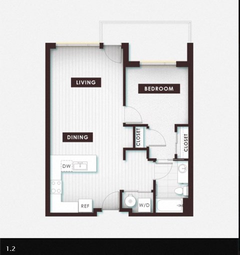 Floor plan for 1 bed, 1 bath, 703 sqft
